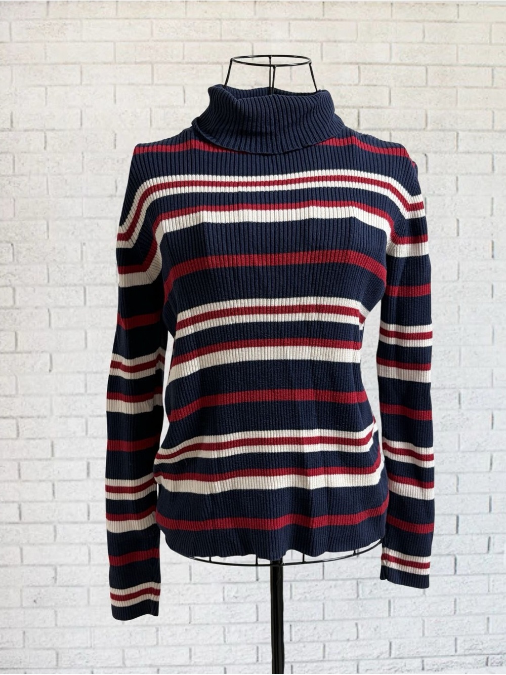 Striped Turtleneck Long Sleeve Sweater Women's Small Cotton White Red Navy Blue